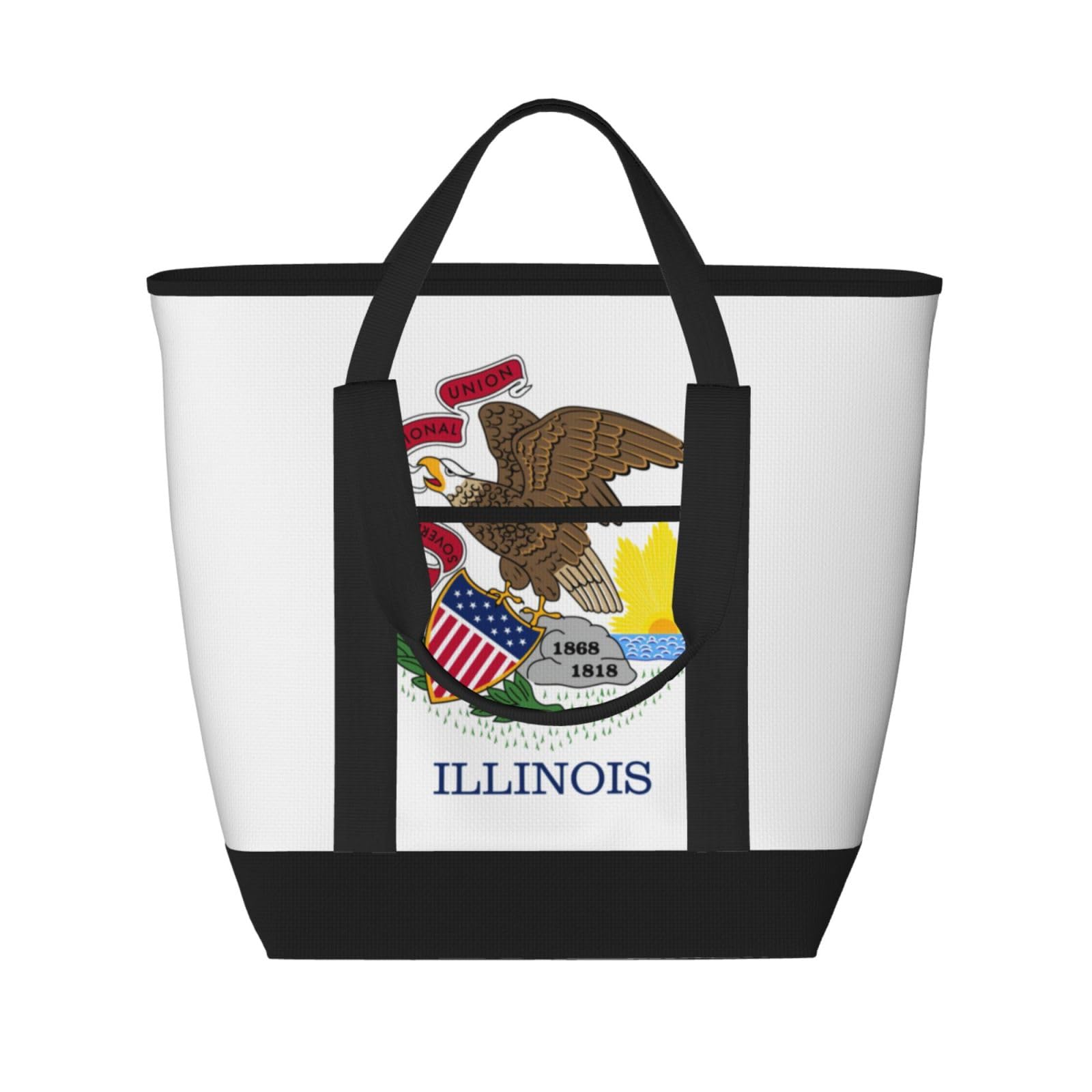 YQxwJL Isolierte Kühltasche mit Illinois-Staatsflaggen-Druck, großes Fassungsvermögen, Einkaufstasche, Reisetasche, Strand, wiederverwendbare Einkaufstasche für Erwachsene, Schwarz, Einheitsgröße