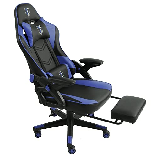 Trisens Gaming Stuhl im modernen Racing-Design mit ausziehbarer Fußstütze Gaming Chair mit verstellbaren Design Armlehnen ergonomischer Schreibtischstuhl mit extra Stützkissen, Farbe:Schwarz/Blau