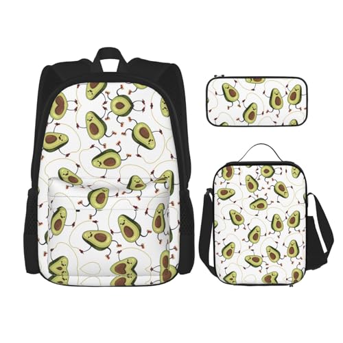 WURTON 3-in-1 Büchertaschen-Set mit lustigem Cartoon-Avocados-Druck, verstellbarer Schulter-Rucksack, Lunch-Tasche, Federmäppchen, Beutelbox, Schwarz, Einheitsgröße