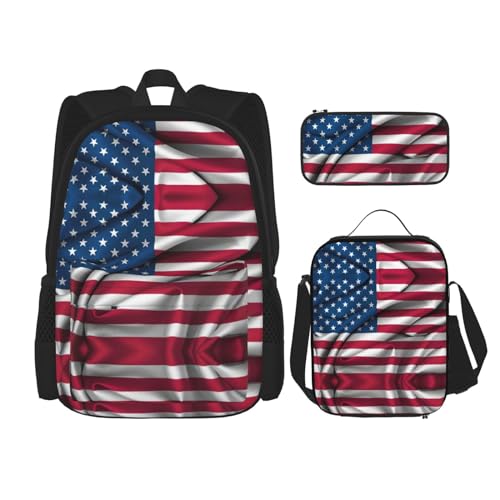 WURTON Rucksack mit amerikanischer Flagge 2, für Mädchen und Jungen, Schultaschen, Lunchbox, Federmäppchen und 3-in-1-Büchertaschen-Set