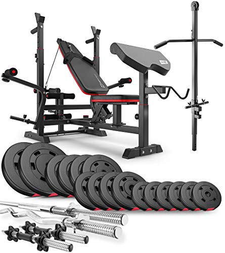 Hop-Sport Hantelbank Kraftstation HS-1075 mit Lang-, Curl- & Kurzhantel Gewichte 75kg bis 173kg + Latzug (75kg)