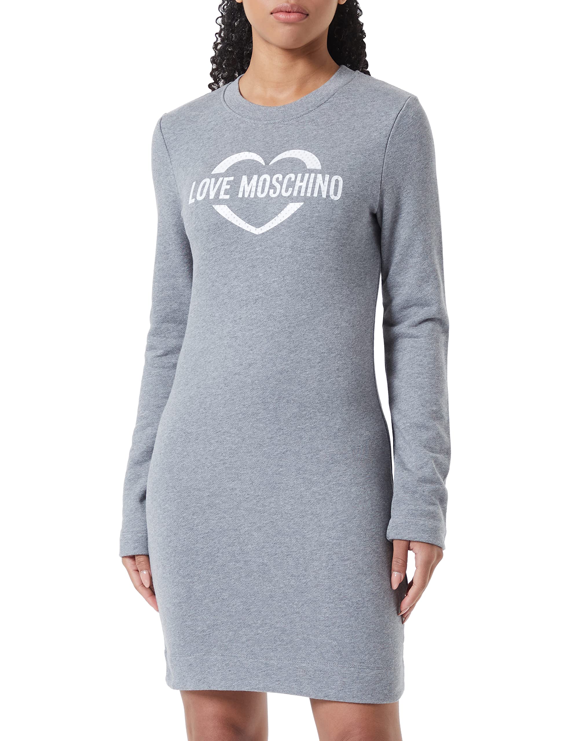 Love Moschino Women's Tight-fit Long-Sleeved with Heart Holographic Print Dress, MEDIUM Melange Gray, 40