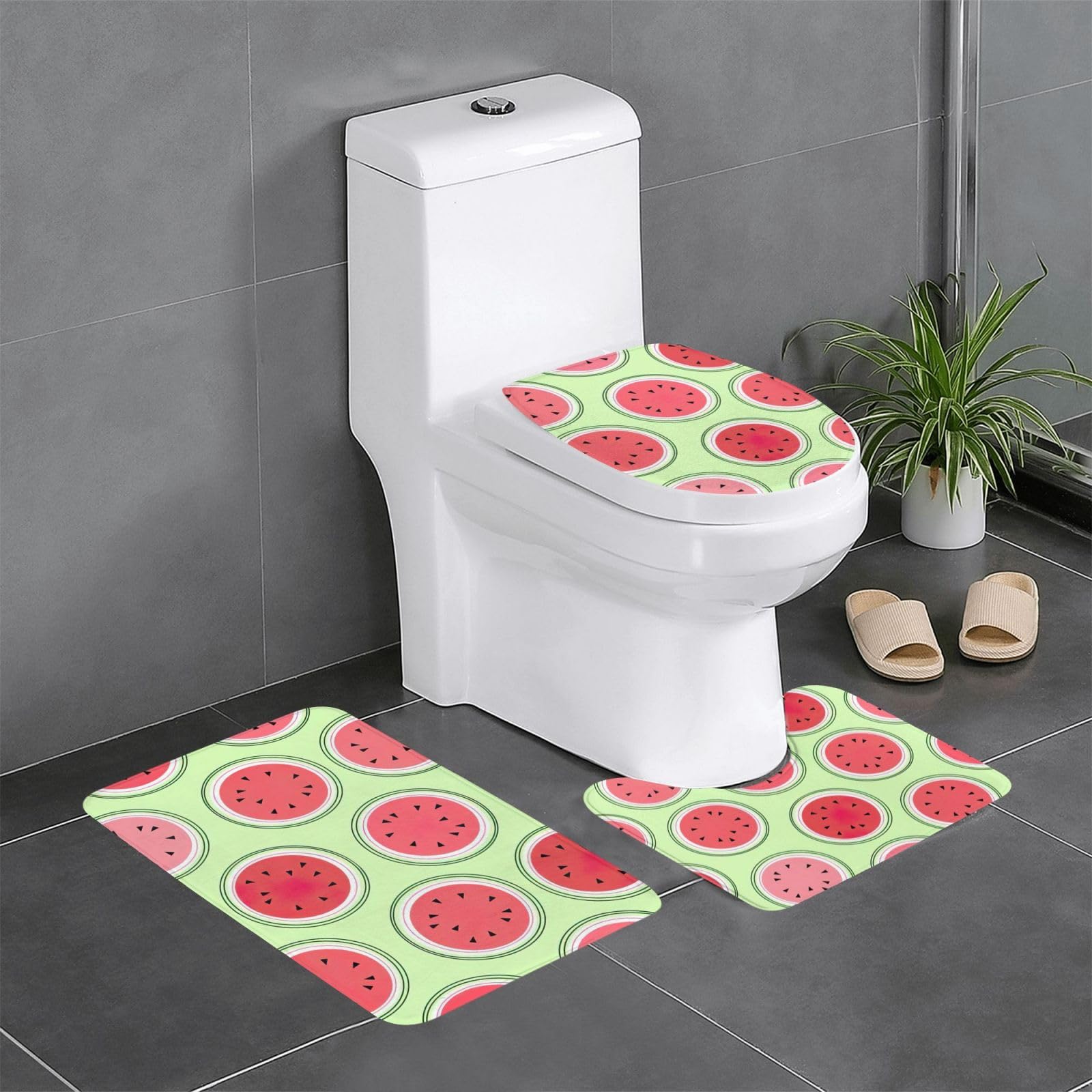 Badezimmerteppich-Set mit Wassermelonen-Motiv, Polyester, stilvoll, funktional, 3 Stück