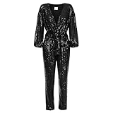 Swing Fashion Jumpsuit Damen Elegant | Festliches Jumpsuit | Party Jumpsuit | Glitzer Jumpsuit | Playsuit | Hosenanzug | Romper | Pailletten-Overall | V-Ausschnitt | Langarm | Schwarz | 40 (L)