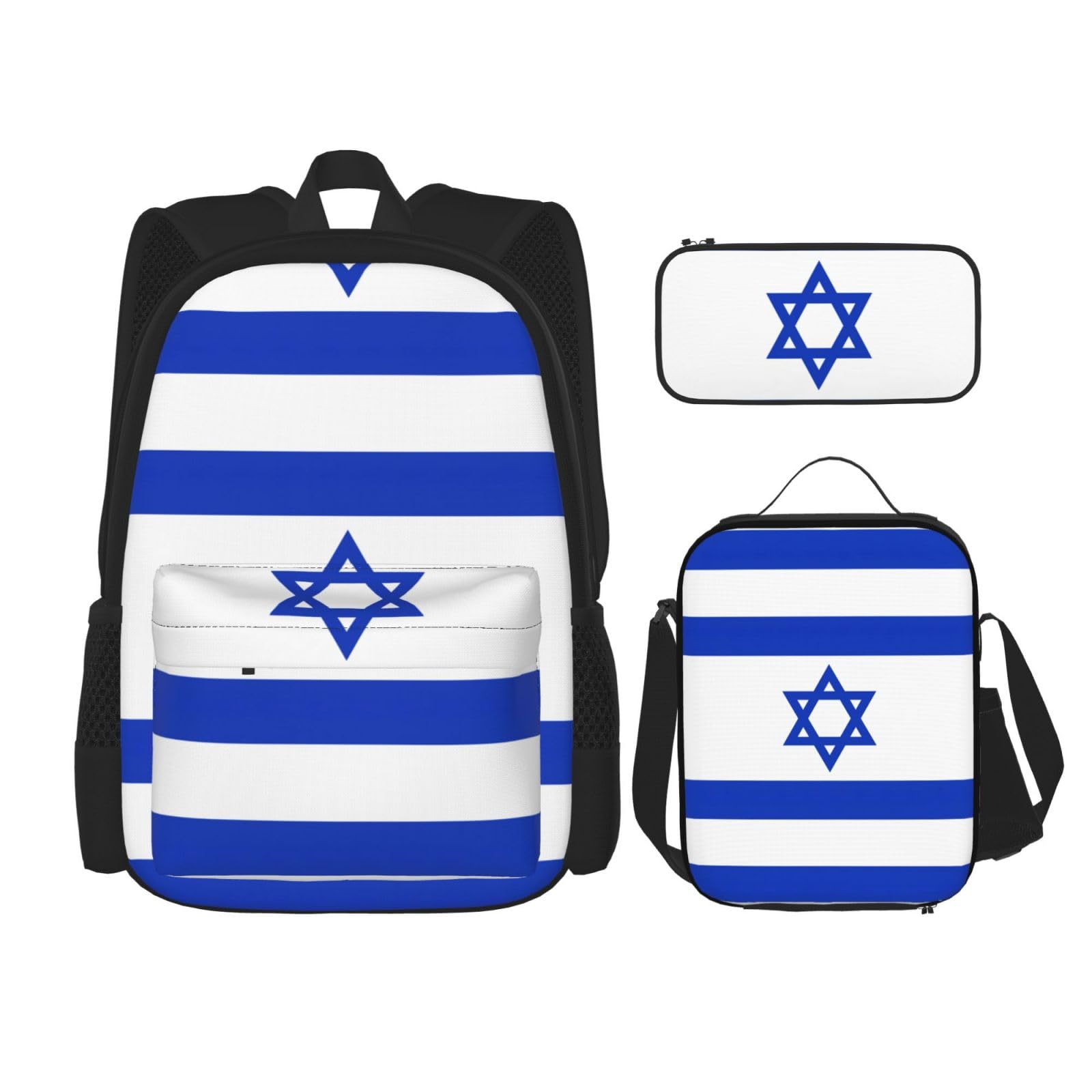 WURTON Rucksack mit israelischer Flagge, Schultasche, Teenager, Lunchbox und Federmäppchen, 3-in-1-Büchertaschen-Set