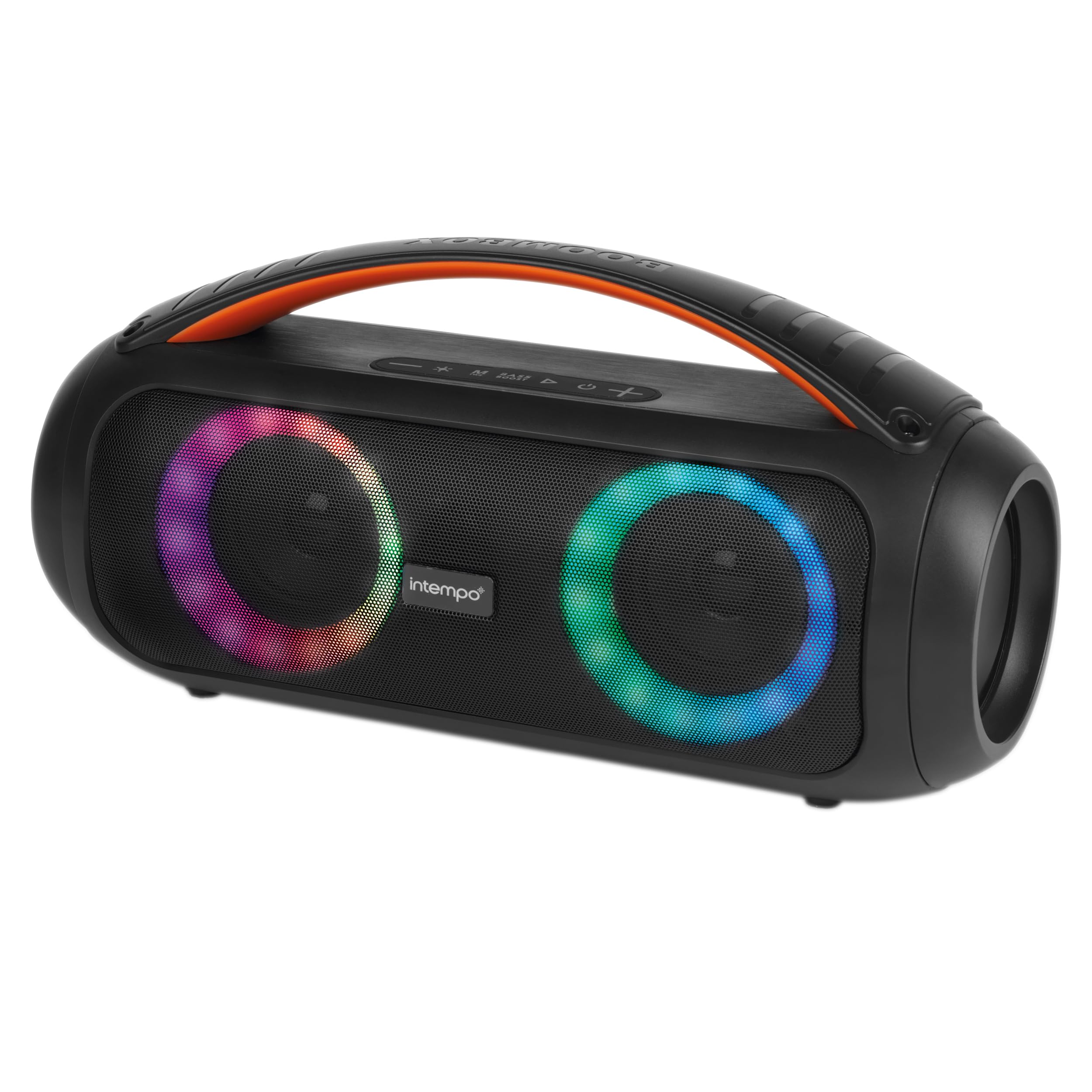 Intempo EE7508BLKSTKEU7 Bluetooth Boombox Lautsprecher – LED Farbwechsel Lichter, Tragegriff, Steuerpanel, Freisprecheinrichtung, Stereo-Sound, Wireless, wiederaufladbare, 6 Stunden Akkulaufzeit