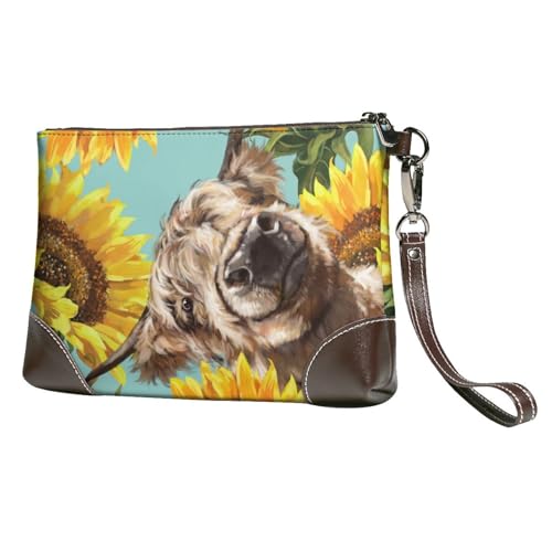 YFSGDLBN Corgi Clutch aus echtem Leder, mit Blumenmuster, mit Reißverschluss, Kartenetui, Kuh mit Sonnenblumen in Blau, Einheitsgröße