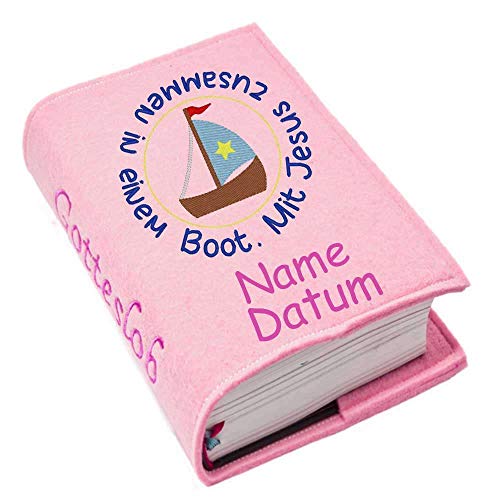 Gotteslob Gotteslobhülle Hülle Mit Jesus zusammen in einem Boot Filz Namen bestickt Einband Umschlag personalisierte Gesangbuchhülle, Farbe:rosa