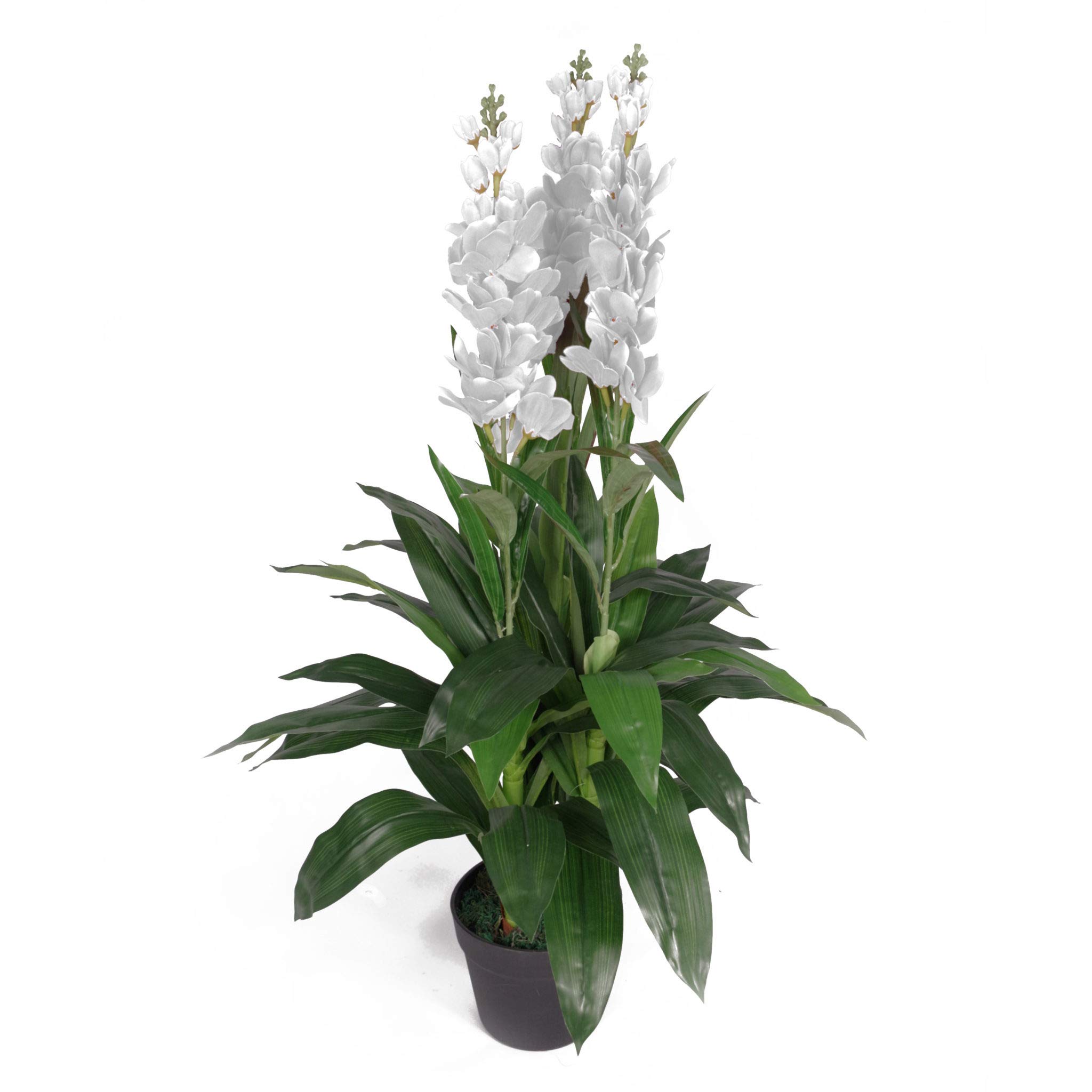 Leaf Kunstpflanze Cymbidium Orchidee, 100 cm, schwarzer Kunststofftopf, weiße Blumen, LEAF-7241