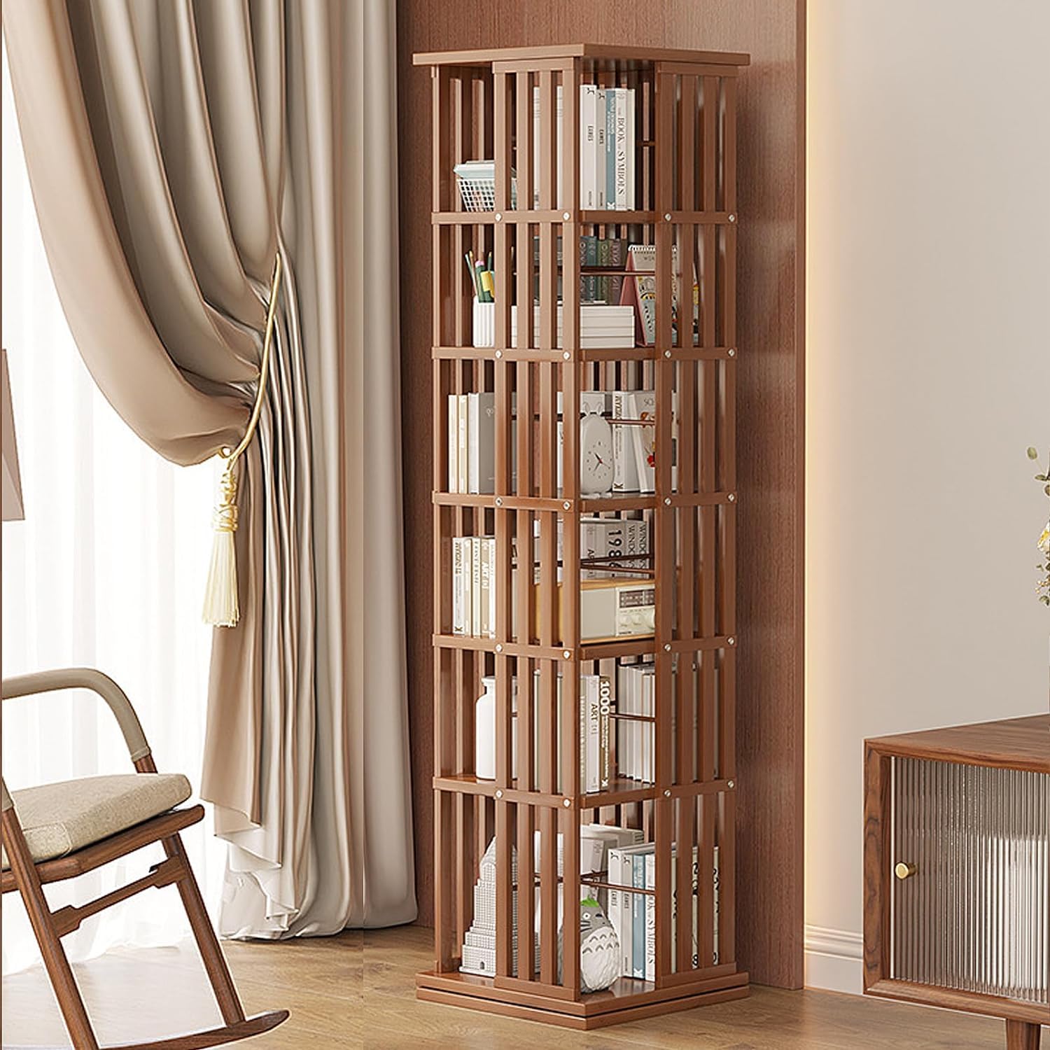 Bambus-Bücherregal, um 360° drehbares Bücherregal, Boden-Bücherregal, offenes Design, drehbares Bücherregal-Aufbewahrungsregal, für Home-Office-Dekor, braune Farbe, 6 Etagen