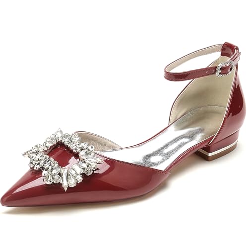 RUIZE Rot,39,Ballerinas mit geschlossener Spitze für Damen, 2,5 cm, glitzernde Strasssteine, Lackleder, Knöchelriemen, niedriger Absatz, Brautschuhe