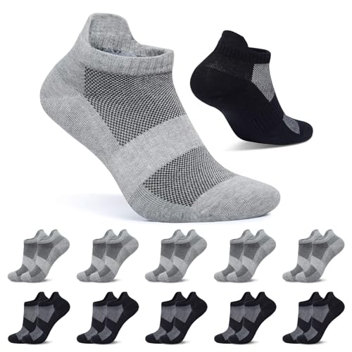 FALARY Sneaker Socken Damen Kurze Socken Herren 47-50 Schwarz Grau 10 Paar Sportsocken Baumwolle Atmungsaktive Laufsocken Unisex