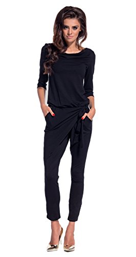 Lemoniade eleganter Jumpsuit mit 3/4-Ärmel und elegantem Wasserfallkragen, schwarz, Gr. S