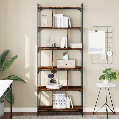 KLYEON Bücherregal 6 Böden Räuchereiche 76x32x192 cm Holzwerkstoff,Modernes Bücherregal aus Holz und Metall für viel Stauraum und industriellen Charme Regalsysteme