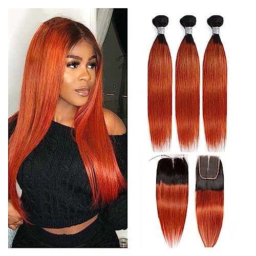 Human Hair Bundles Orange gerade Echthaar-Bündel, 4x4-Spitzenverschluss mit Bündeln, brasilianische Ombre-Haarwebart, burgunderrote Bündel mit Verschluss, Remy-Echthaar for Frauen human hair weave(Col