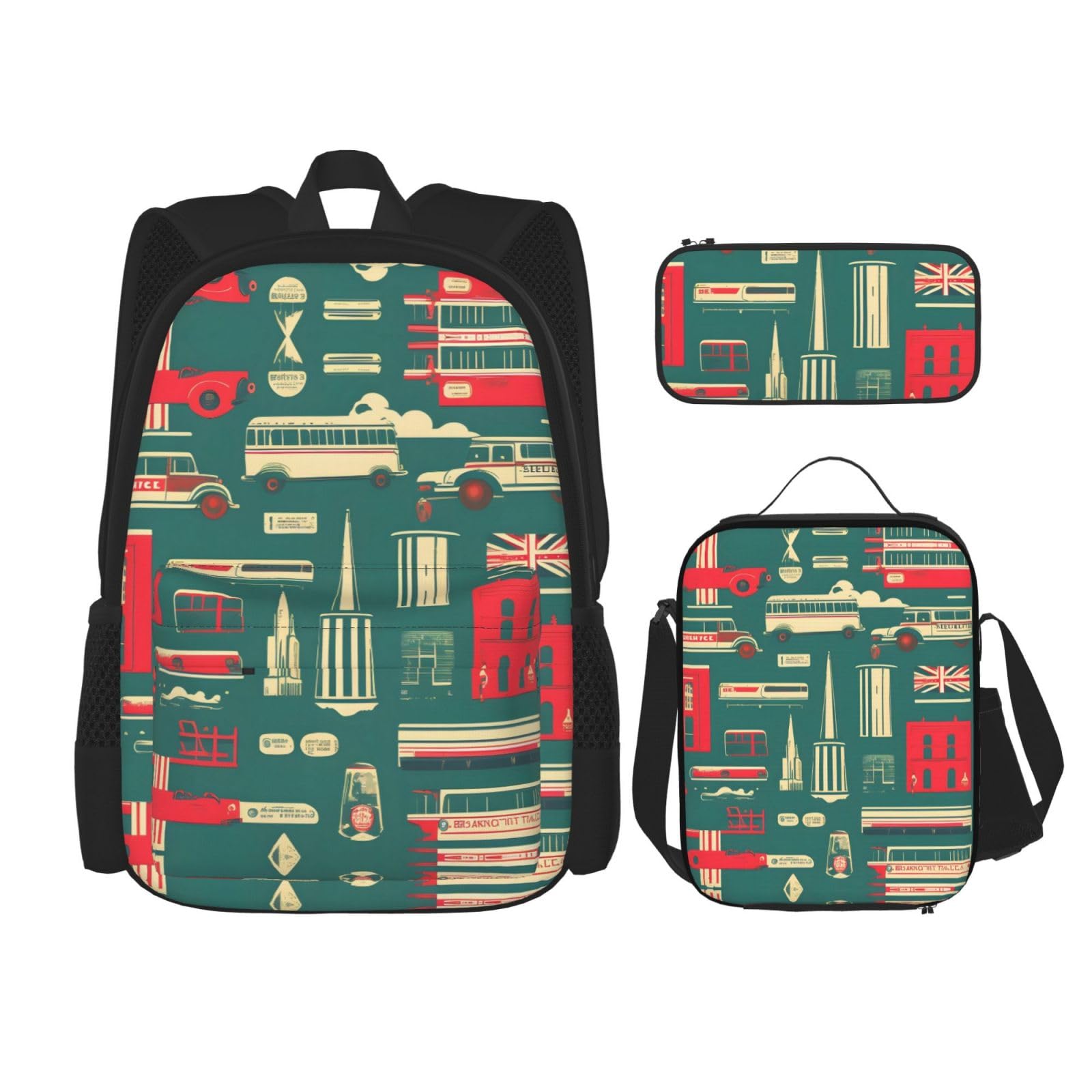 WURTON Reise-Lunchbox mit schottischem Retro-Druck, Federmäppchen, Rucksack-Set, 3-teilig, verstellbare Riemen, leicht, Schwarz, Einheitsgröße