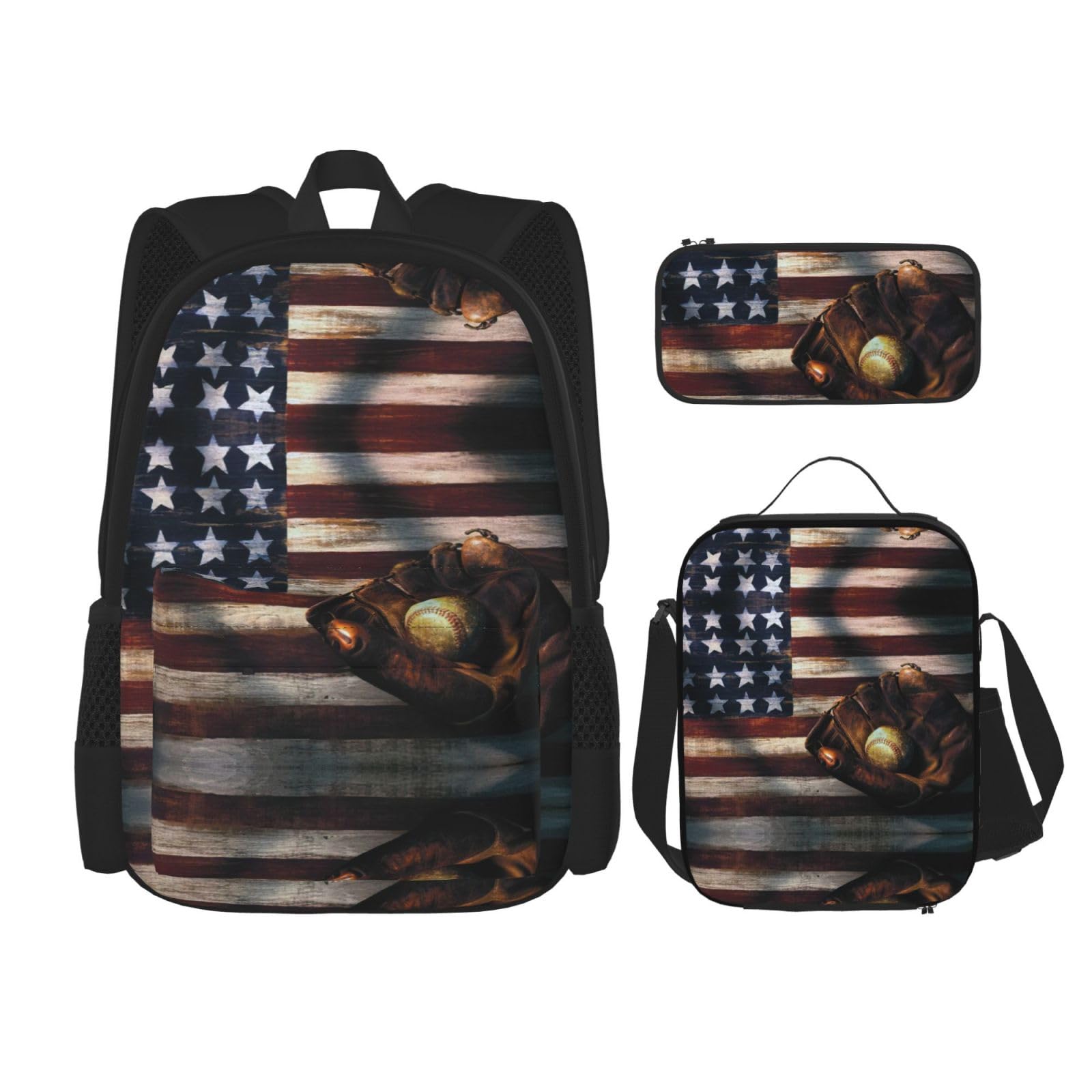 WURTON Rucksack mit amerikanischer Flagge, Baseball-Druck, Mädchen, Jungen, Schultaschen, Teenager, Lunchbox und Federmäppchen, 3-in-1-Büchertaschen-Set