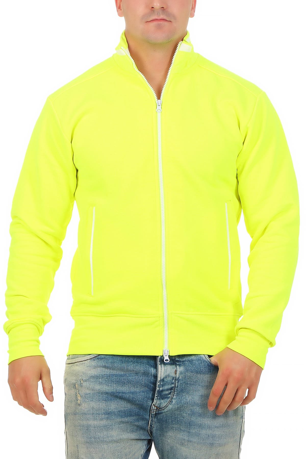 Happy Clothing Herren Sweatjacke sportlich ohne Kapuze - gestreifte Trainingsjacke - Sweatshirtjacke - Zip-Jacke Reißverschluss mit Kragen, Größe:S, Farbe:Neongelb