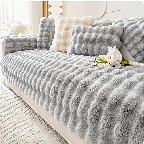 Cosy Plush Solid Colour Non-Slip Couch Cover, 2023 New Super Soft Faux Fur Wear-Resistant Non-Slip Sofa Cover, Rabbit Plush Sofa Cover, Funny Cosy Couch Cover (Light Gray,110*240cm/43.3*94.5in)