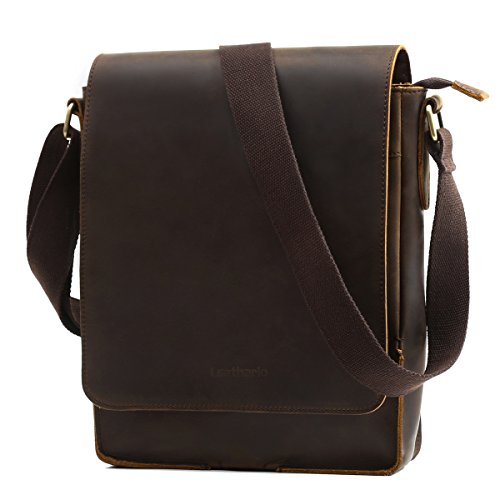 Leathario Herren Rindleder umhängetasche messger Bag Ledertasche für ipad Business Retro Hellbraun