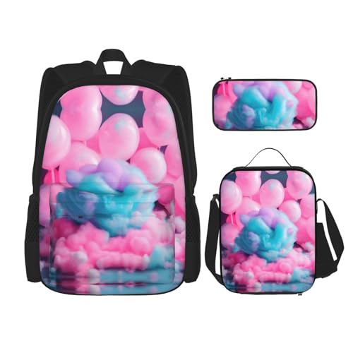 YQxwJL 3-in-1-Rucksack-Büchertaschen-Set, blauer Schmetterlings-Druck, lässiger Reiserucksack, mit Federmäppchen, Lunchtasche, Rosa Zuckerwatte, Einheitsgröße