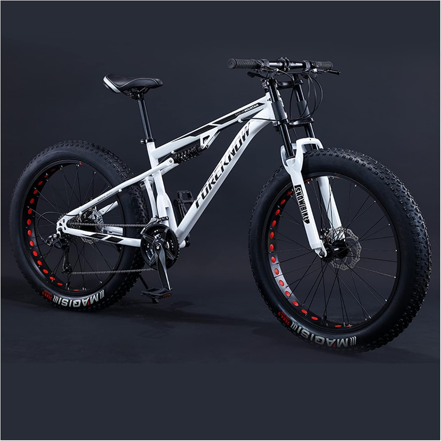 24 Ih Mountainbikes, Erwachsene Jungen Mädchen Fat Tire Mountain Trail Bike, Dual-Suspension-Fahrrad, High-Carbon-Stahlrahmen, Anti-Rutsch-Offroad-Bikes,Weiß,7-Gang