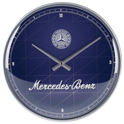 Nostalgic-Art Retro Wanduhr, Ø 31 cm, Mercedes-Benz – Silver & Blue – Geschenk-Idee für Mercedes-Benz Accessoires Fans, Große Küchenuhr, Vintage Design