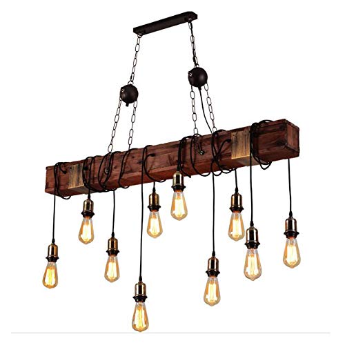 Lfoute Industrial Pendelleuchte 10 Lampen Retro Holz Pendellampe Vintage Linear Höhenverstellbar Hängelampe Rustikale Wohnzimmer Kronleuchter Schlafzimmer Küche Esszimmer Landhausstil Beleuchtung