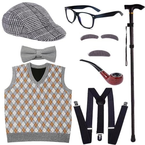 GMBYLBY Großvater Set Halloween Alter Mann Kostüm Set Opa Brille Augenbrauen Schnurrbart Für Den 100. Schultag. 100 Tage Schul Halloween Opa Kostüm