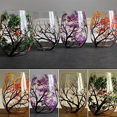 Vier Jahreszeiten Baum Weingläser – handgemalte Kunst, Frühling Sommer Herbst Winter bemalte Weingläser, saisonale Baum Kunst Design farbige Gläser (Stielloses Glas, 4 STÜCK)