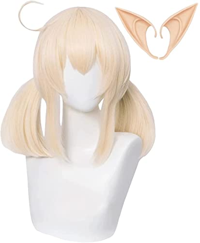 LINLINCD-Anime Coser Genshin Impact Kostüm-Perücke Cosplay-Perücke mit Ohren doppeltes Blondes Pferdeschwanz-Haar for Anime Cosplay for Halloween-Party Halloween-Karneval mit Perücke