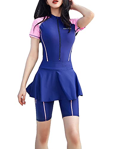 Damen One Piece Einteiliger kurzen Ärmeln Badeanzug Neoprenanzug Taucheranzug Sonnenschutz Professional Training Elastische Surfen Schwimmanzug Badebekleidung Pink mit Rock M