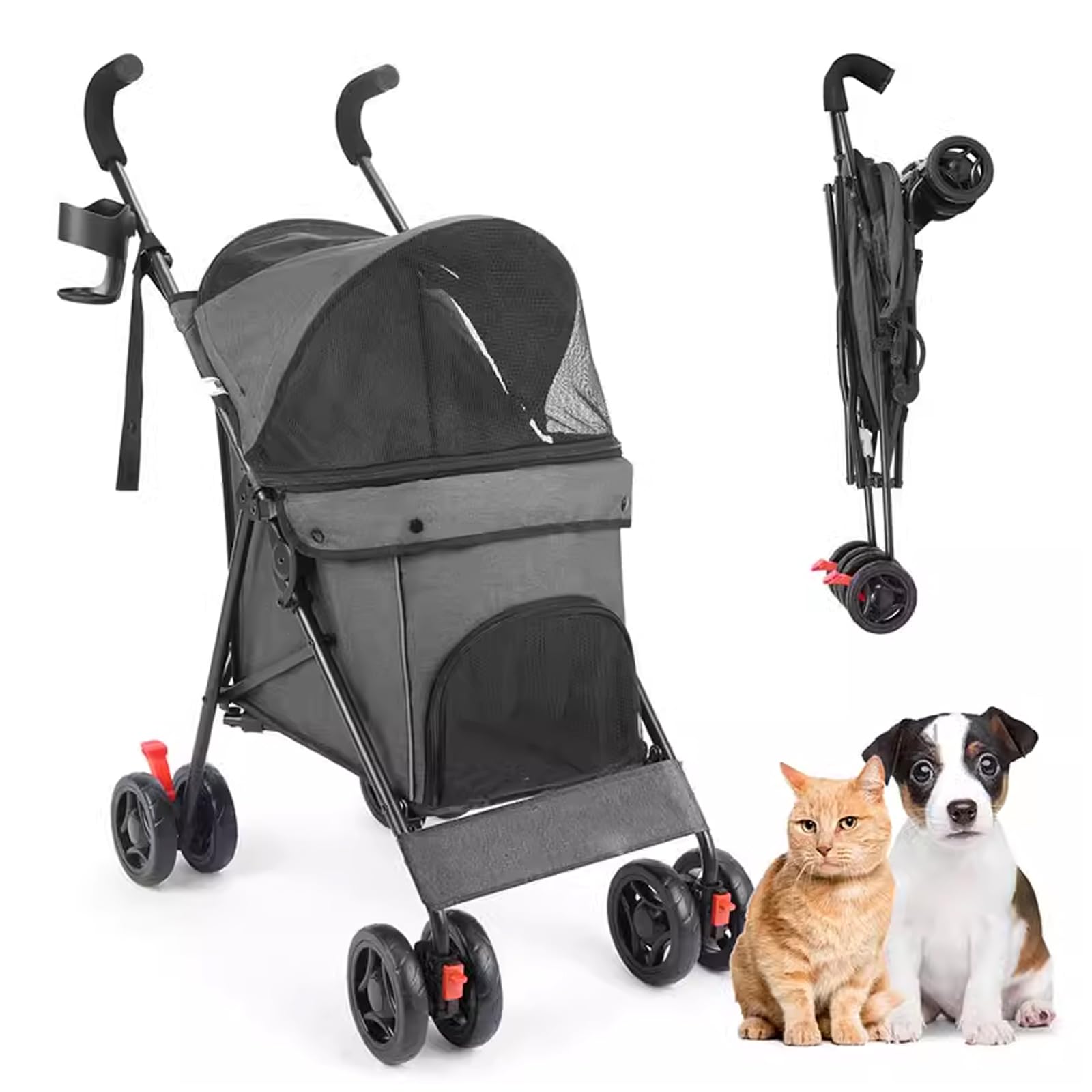 KKXXYQFC Haustier-Kinderwagen, Katzen-Hunde-Kinderwagen, 4-Rad-einfach zusammenklappbarer Welpenkäfig-Jogger-Kinderwagen mit Getränkehalter für kleine Katzen, Hunde, Welpen, Grau