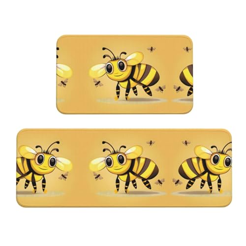 YQxwJL Küchenteppiche mit niedlichem Cartoon-Bienen-Druck, rutschfeste Küchenmatte, 2er-Set, bequeme Stehmatten für Küche, Büro