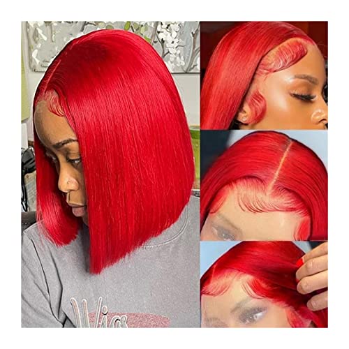 Perücken Rote Spitzenfront-Echthaarperücken for Frauen 13 × 4 transparente Spitze-Spitze-Frontalperücken 8-16 "heiße rote gerade kurze Bob-Perücke brasilianisches Remy-Haar vorgezupft Damenperücke (C