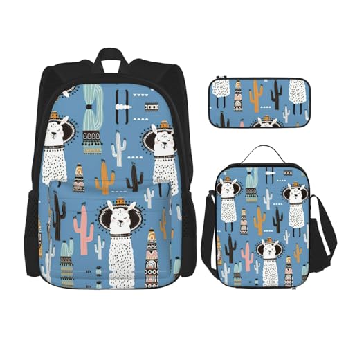 WURTON Rucksack mit Lama-Kaktus-Wüstenpflanzen-Druck, für Mädchen, Jungen, Schultaschen, Teenager, Lunchbox und Federmäppchen, 3-in-1-Büchertaschen-Set