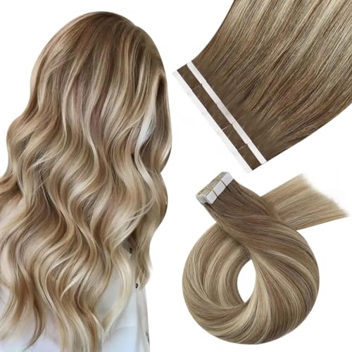 Haar-Tape-Extensions Echthaar-Extensions for Einnähen, Remy-Haarverlängerungen, Balayage-Hellbraun mit goldblonden Ombre-Schussverlängerungen, echtes Echthaar Unsichtbares Tape im Haar(20 pcs 50G,14in