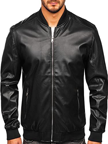 BOLF Herren Lederjacke Kunstlederjacke Bikerjacke Übergangsjacke Steppjacke Kapuze Motorradjacke Pilotenjacke Fliegerjacke Bomberjacke Stehkragen Casual Style 7110 Schwarz M [4D4]