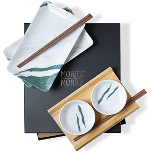 Moritz & Moritz Sushi Geschirr Set für 2 Personen - 10 Teile - Sushi Servierset mit 2x Sushi-Teller, Dip-Schälchen und Stäbchen