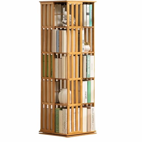 GLBMXDD Um 360 Grad drehbares Bücherregal, platzsparendes Stand-Bücherregal, kreatives Bücherregal, drehbares Aufbewahrungsregal aus Bambus, geeignet für Schlafzimmer,Woodcolor-5Tier