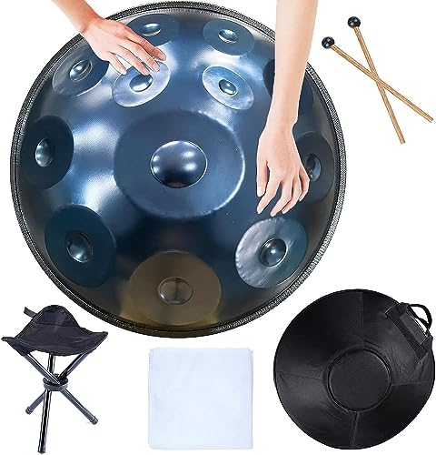 9/10/12 Hinweis Handpfannentrommel, 22 Zoll in d-Moll Handtrommel, Steel Drum Percussion mit Handpan-Ständer und weiche Handpan-Tasche, Handtrommel aus Stahl für Erwachsene,Blau,12 Notes