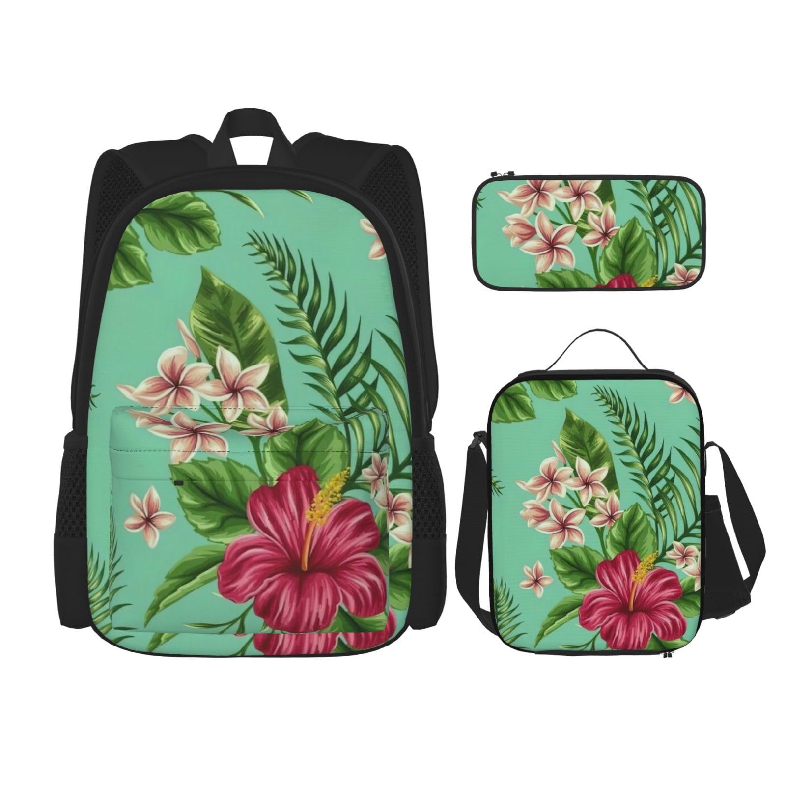 WURTON 3-in-1 Büchertaschen-Set, Motiv: Hawaiianische tropische Blätter, Blumen, verstellbarer Schulter-Rucksack, Lunch-Tasche, Federmäppchen, Beutel, Schwarz, Einheitsgröße