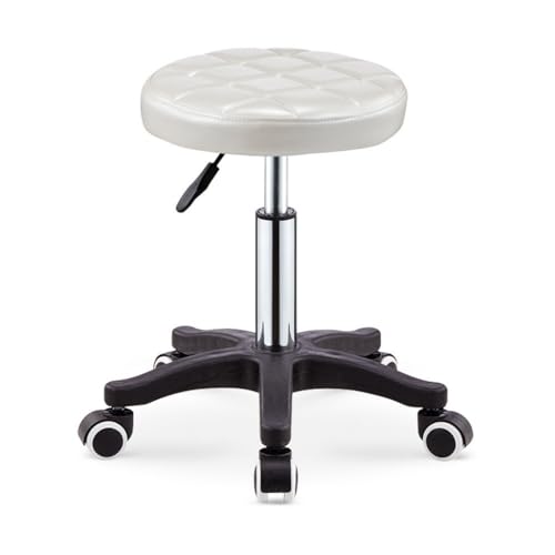 ZHOUXIAO Pu Leder Round Rolling Stool Shop Bar Hocker mit Rädern, Schwenkhöhenanpassung Rollinghocker mit Rädern Spa -Zeichnungs Salon Tattoo Office Massage Stuhl Kissen White