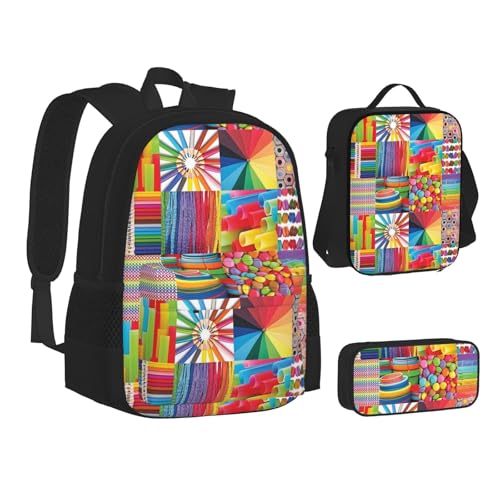 WURTON Farbenfrohes Collage-Druck-Rucksack-Lunchbox-Set, 3-in-1-Büchertasche und Federmäppchen, passende Kombination, Schwarz, Einheitsgröße