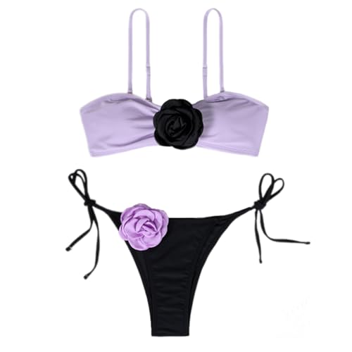 JUNNASALIKER Zweiteiliges Damen-Badeanzug-Set, 3D-Blumendekoration, Bandeau-Badeanzug mit verstellbarem Schulterriemen