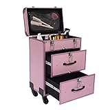 HuKaiL Kosmetikkoffer Trolley Schminkkoffer 3 Ebenen, Makeup Trolley Case mit Rollen, Mobile Kosmetik mit Spiegel und 50Kg Tragkraft, Schminkkoffer Profi mit Verstellbare Beine, 36 * 23 * 58cm, Rosa