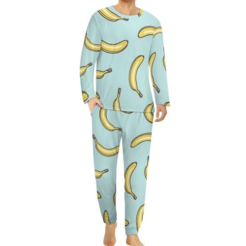 HABXNJF Herren Schlafanzug mit Rundhalsausschnitt, Gelb Banane Pyjama für Männer, Herren Pyjama mit Taschen, Yellow Banana, XL