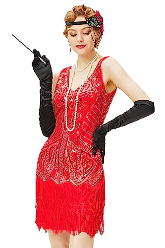 BABEYOND Damen Flapper Kleider 1920er Jahre V Ausschnitt Perlen Fransen Great Gatsby Kleid, rot, L