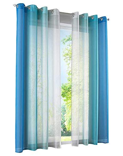 2 Stück Gardinen mit Farbverlauf Design Vorhang Voile Transparent Dekoschal (BxH 140x145cm, Blau mit Ösen)