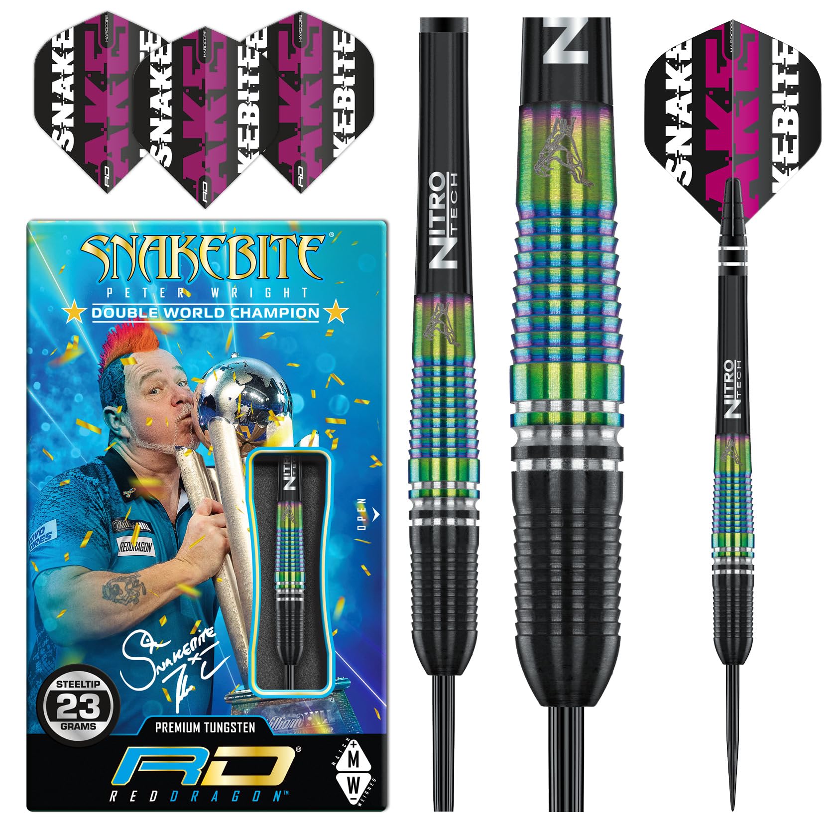 Peter Wright Snakebite World Champion Torpedo SE 23 Gram Professionelles Dart-Set mit Flights and Shafts (Stems)